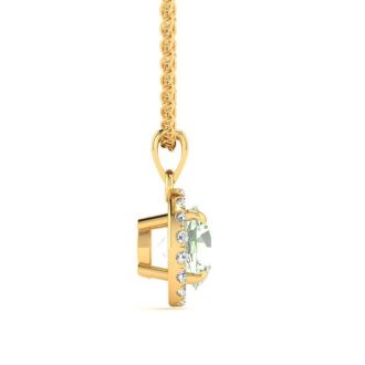3/4 Carat Round Shape Green Amethyst and Halo Diamond Necklace In 14 Karat Yellow Gold
