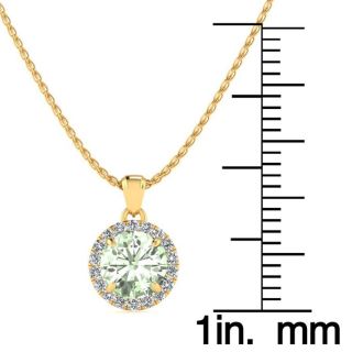 3/4 Carat Round Shape Green Amethyst and Halo Diamond Necklace In 14 Karat Yellow Gold