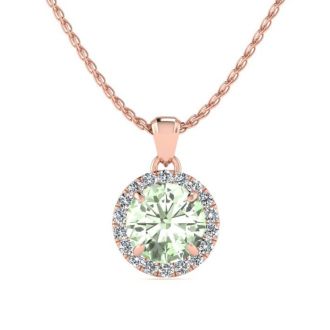 3/4 Carat Round Shape Green Amethyst and Halo Diamond Necklace In 14 Karat Rose Gold