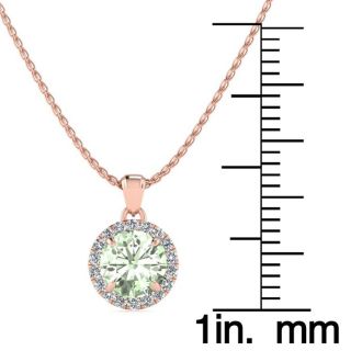 3/4 Carat Round Shape Green Amethyst and Halo Diamond Necklace In 14 Karat Rose Gold