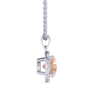 1 Carat Round Shape Morganite Necklace with Diamond Halo In 14 Karat White Gold With 18 Inch Chain