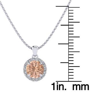 1 Carat Round Shape Morganite Necklace with Diamond Halo In 14 Karat White Gold With 18 Inch Chain