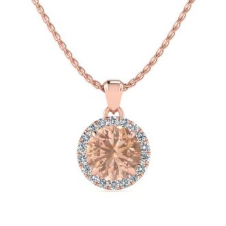 1 Carat Round Shape Morganite Necklace with Diamond Halo In 14 Karat Rose Gold With 18 Inch Chain