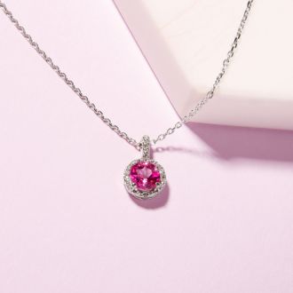 1 Carat Round Shape Ruby and Halo Diamond Necklace In 14 Karat White Gold