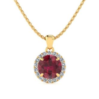 1 Carat Round Shape Ruby and Halo Diamond Necklace In 14 Karat Yellow Gold