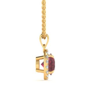 1 Carat Round Shape Ruby and Halo Diamond Necklace In 14 Karat Yellow Gold
