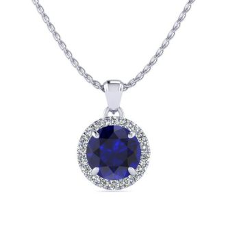 1 Carat Round Shape Sapphire and Halo Diamond Necklace In 14 Karat White Gold