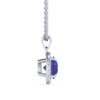 1 Carat Round Shape Sapphire and Halo Diamond Necklace In 14 Karat White Gold