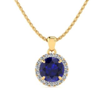 1 Carat Round Shape Sapphire and Halo Diamond Necklace In 14 Karat Yellow Gold