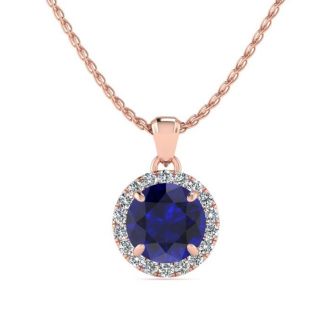 1 Carat Round Shape Sapphire and Halo Diamond Necklace In 14 Karat Rose Gold