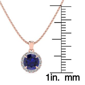 1 Carat Round Shape Sapphire and Halo Diamond Necklace In 14 Karat Rose Gold
