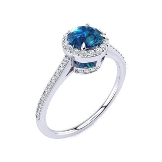 1 Carat Blue Diamond Halo Engagement Ring in 14k White Gold