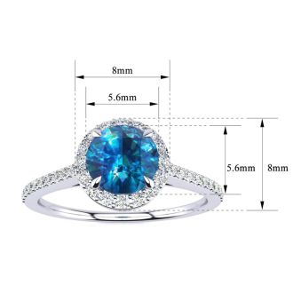 1 Carat Blue Diamond Halo Engagement Ring in 14k White Gold