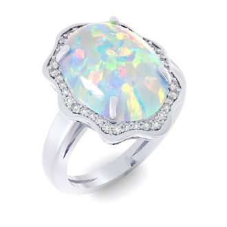 5 Carat Opal Ring with Halo Diamonds In 14 Karat White Gold