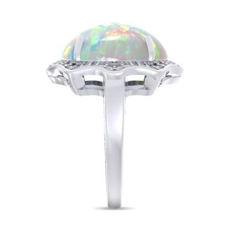 5 Carat Opal Ring with Halo Diamonds In 14 Karat White Gold