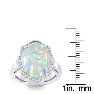 5 Carat Opal Ring with Halo Diamonds In 14 Karat White Gold