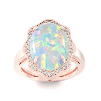 5 Carat Opal Ring with Halo Diamonds In 14 Karat Rose Gold