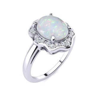 1-2/3 Carat Opal Ring and Halo Diamonds In 14 Karat White Gold