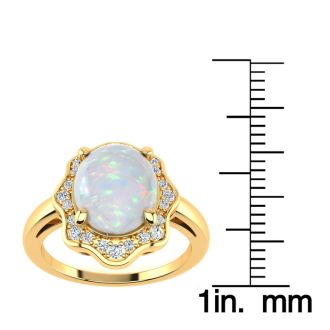1-2/3 Carat Opal Ring and Halo Diamonds In 14 Karat Yellow Gold
