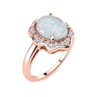 1-2/3 Carat Opal Ring and Halo Diamonds In 14 Karat Rose Gold