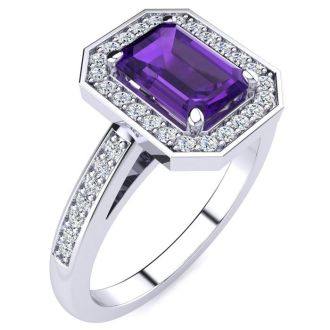1 Carat Amethyst and Halo Diamond Ring In 14 Karat White Gold