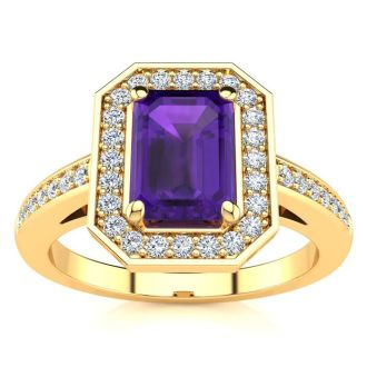 1 Carat Amethyst and Halo Diamond Ring In 14 Karat Yellow Gold