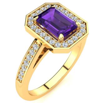 1 Carat Amethyst and Halo Diamond Ring In 14 Karat Yellow Gold