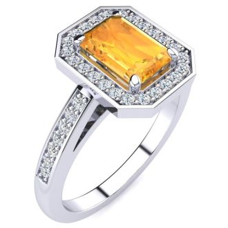 1 Carat Citrine and Halo Diamond Ring In 14 Karat White Gold