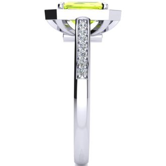 1 1/3 Carat Peridot and Halo Diamond Ring In 14 Karat White Gold
