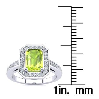 1 1/3 Carat Peridot and Halo Diamond Ring In 14 Karat White Gold