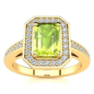 1 1/3 Carat Peridot and Halo Diamond Ring In 14 Karat Yellow Gold