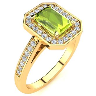 1 1/3 Carat Peridot and Halo Diamond Ring In 14 Karat Yellow Gold