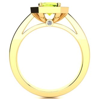 1 1/3 Carat Peridot and Halo Diamond Ring In 14 Karat Yellow Gold