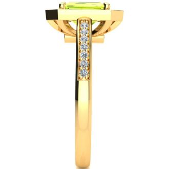 1 1/3 Carat Peridot and Halo Diamond Ring In 14 Karat Yellow Gold
