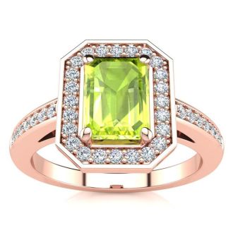 1 1/3 Carat Peridot and Halo Diamond Ring In 14 Karat Rose Gold