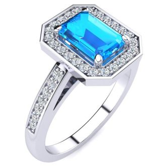 1 1/2 Carat Blue Topaz and Halo Diamond Ring In 14 Karat White Gold