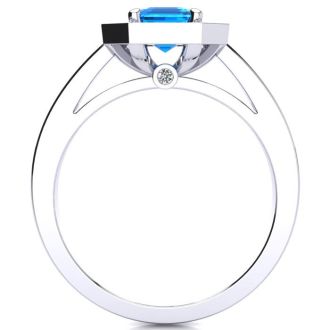 1 1/2 Carat Blue Topaz and Halo Diamond Ring In 14 Karat White Gold
