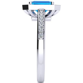 1 1/2 Carat Blue Topaz and Halo Diamond Ring In 14 Karat White Gold