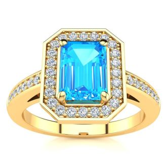 1 1/2 Carat Blue Topaz and Halo Diamond Ring In 14 Karat Yellow Gold