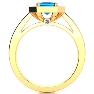 1 1/2 Carat Blue Topaz and Halo Diamond Ring In 14 Karat Yellow Gold