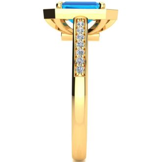 1 1/2 Carat Blue Topaz and Halo Diamond Ring In 14 Karat Yellow Gold