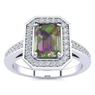 1 Carat Octagon Shape Mystic Topaz Ring With Diamond Halo In 14 Karat White Gold