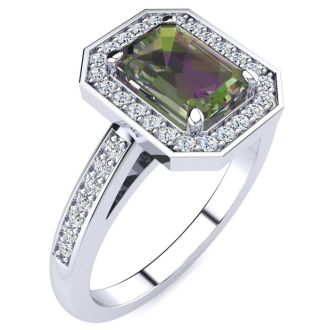 1 Carat Octagon Shape Mystic Topaz Ring With Diamond Halo In 14 Karat White Gold
