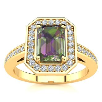 1 Carat Octagon Shape Mystic Topaz Ring With Diamond Halo In 14 Karat Yellow Gold