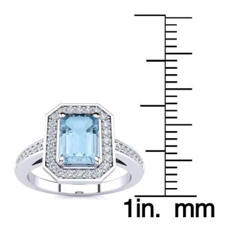 Aquamarine Ring: Aquamarine Jewelry: 1 Carat Aquamarine and Halo Diamond Ring In 14 Karat White Gold