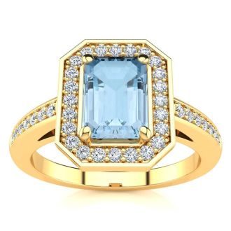 Aquamarine Ring: Aquamarine Jewelry: 1 Carat Aquamarine and Halo Diamond Ring In 14 Karat Yellow Gold