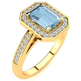 Aquamarine Ring: Aquamarine Jewelry: 1 Carat Aquamarine and Halo Diamond Ring In 14 Karat Yellow Gold