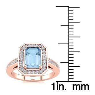 Aquamarine Ring: Aquamarine Jewelry: 1 Carat Aquamarine and Halo Diamond Ring In 14 Karat Rose Gold