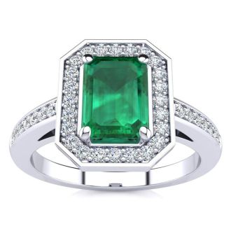 1 Carat Emerald and Halo Diamond Ring In 14 Karat White Gold