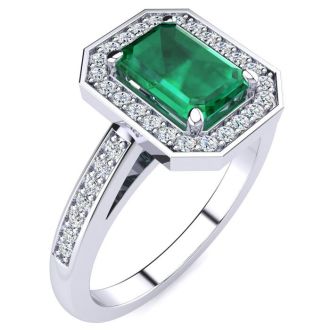 1 Carat Emerald and Halo Diamond Ring In 14 Karat White Gold